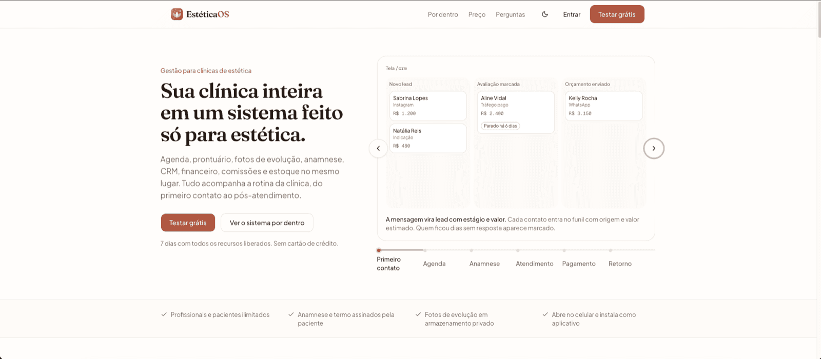 Página de apresentação do EstéticaOS para clínicas de estética