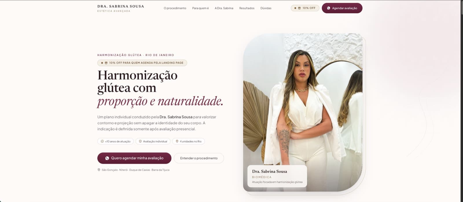 Abertura do site da Dra. Sabrina Sousa com o título sobre proporção e naturalidade