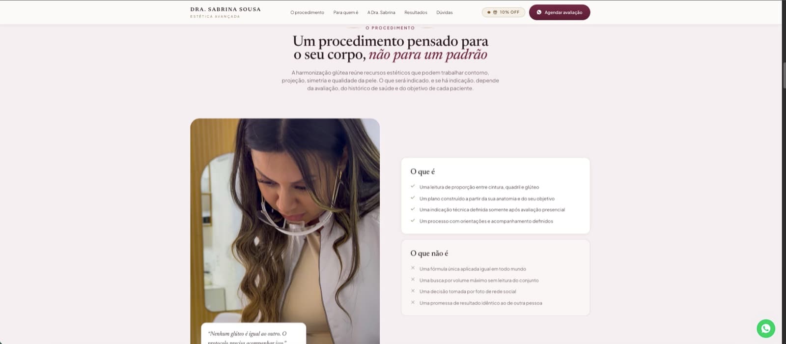 Seção do site explicando o que é e o que não é a harmonização glútea