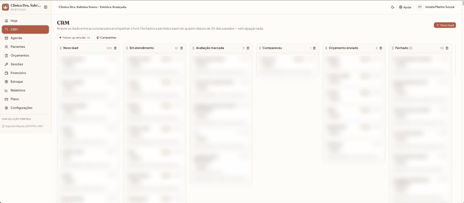 CRM do EstéticaOS em formato de funil, do novo lead ao fechamento
