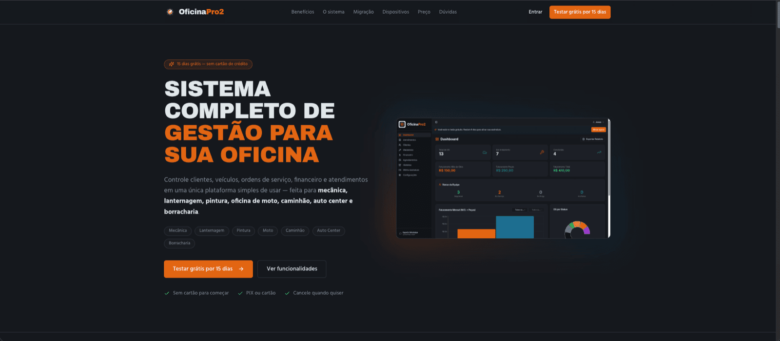 Página de apresentação do OficinaPro2, com teste grátis de 15 dias